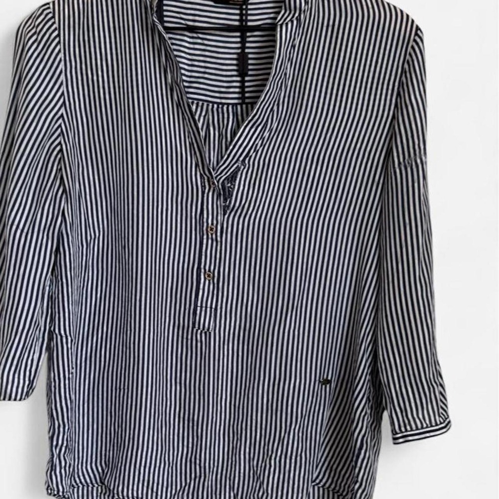 Massimo Dutti Striped Henley Blouse NWT Black White 3/4 Sleeve